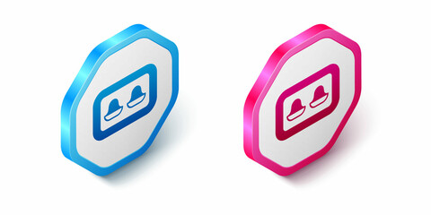 Isometric Earplugs with storage box icon isolated on white background. Ear plug sign. Noise symbol. Sleeping quality concept. Hexagon button. Vector