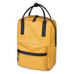 Modern yellow backpack for youth with two handles and front pocket isolated on white background