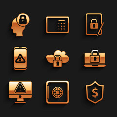Set Cloud computing lock, Safe, Shield with dollar, Laptop and, Monitor exclamation mark, Mobile, Tablet closed padlock and Human head icon. Vector