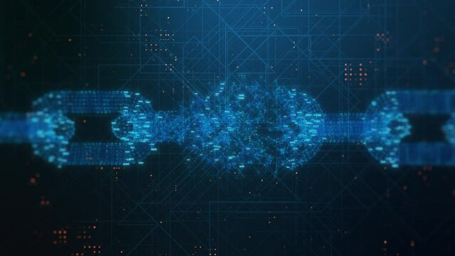wireframe model of a broken chain with random numbers, abstract tech background, concept of blockchain hacking or cryptocurrency drop in value