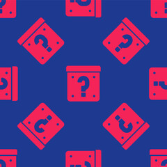 Red Mystery box or random loot box for games icon isolated seamless pattern on blue background. Question mark. Unknown surprise box. Vector