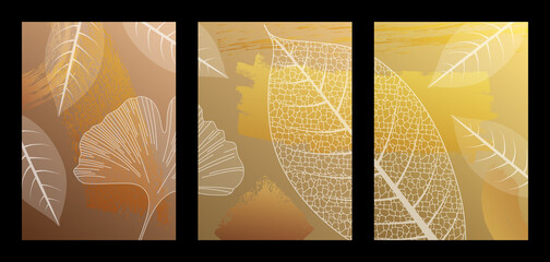 Ensemble de 3 images (triptyque) formant un seul et même tableau artistique composé de diverses feuilles transparentes au tracé blanc sur un fond abstrait cuivre et or.