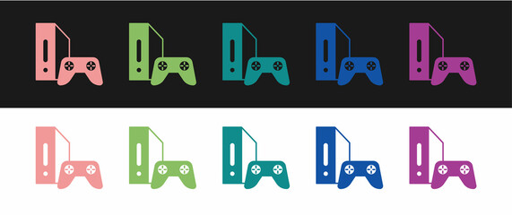 Set Video game console with joystick icon isolated on black and white background. Vector