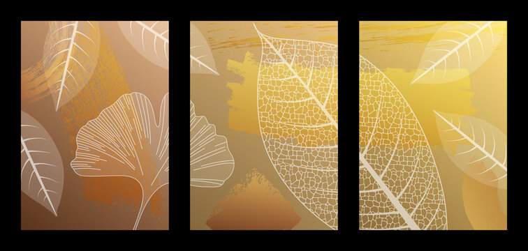 Ensemble de 3 images (triptyque) formant un seul et m&ecirc;me tableau artistique compos&eacute; de diverses feuilles transparentes au trac&eacute; blanc sur un fond abstrait cuivre et or.