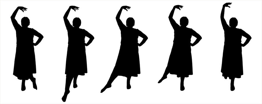 Female dance silhouette: the arm is bent at the elbow and is at the top; one leg stands motionless, the other pulls the sock and moves away from the body back, sideways, forward. Isolated on white.