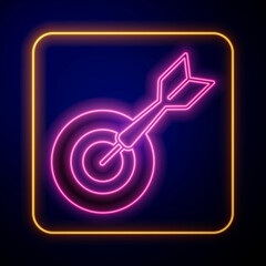 Glowing neon Classic dart board and arrow icon isolated on black background. Dartboard sign. Game concept. Vector