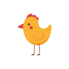 Cute yellow baby chicken standing on white background. Funny vector illustration drawn in cartoon style