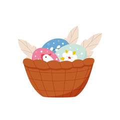 Hand-painted Easter eggs lie in a cute wicker basket. Vector illustration in flat style isolated on white background