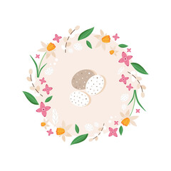Cute Easter frame with eggs and spring flowers. Romantic vector illustration