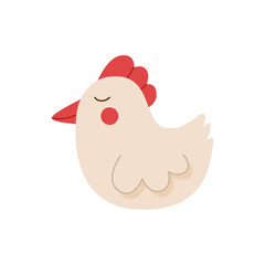 Cute sitting white hen drawn in cartoon style. Funny vector illustration of poultry bird isolated on white background
