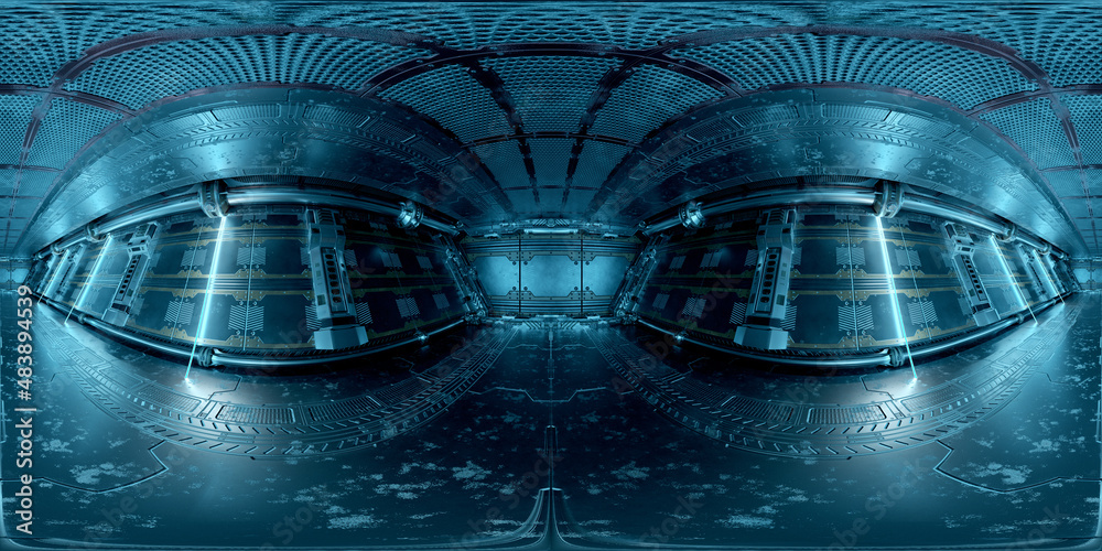Poster HDRI panoramic view of dark blue spaceship interior. High resolution 360 degrees panorama reflection mapping of a futuristic spacecraft 3D rendering