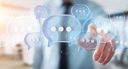 Man touching with his fingers digital speech bubbles talk icons. Minimal conversation or social media messages floating in front of businessman hand. 3D rendering