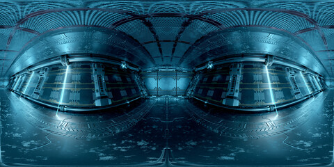 HDRI panoramic view of dark blue spaceship interior. High resolution 360 degrees panorama reflection mapping of a futuristic spacecraft 3D rendering © sdecoret