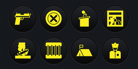 Set Burning car, Broken window, Prison, Protest camp, Stage stand or tribune, X Mark, Cross circle, Police officer and Pistol gun icon. Vector