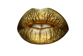Gold lips. Gold paint from the mouth. Golden lips on woman mouth with make-up. Sensual and creative design for golden metallic.