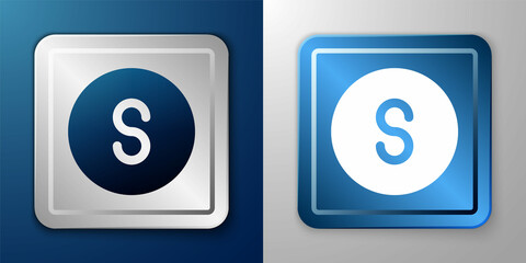 White Compass south icon isolated on blue and grey background. Windrose navigation symbol. Wind rose sign. Silver and blue square button. Vector