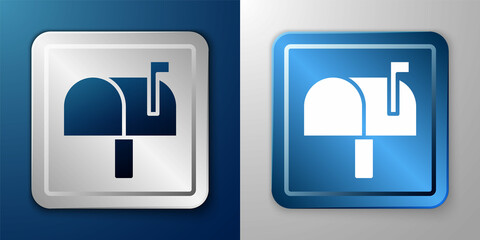 White Mail box icon isolated on blue and grey background. Mailbox icon. Mail postbox on pole with flag. Silver and blue square button. Vector