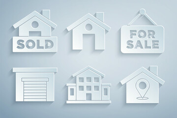 Set House, Hanging sign with For Sale, Garage, Location house, and text Sold icon. Vector