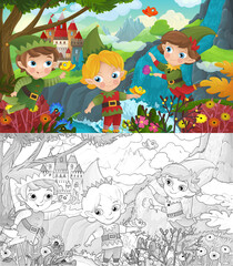 Fototapeta na wymiar cartoon scene with forest elf and castle illustration