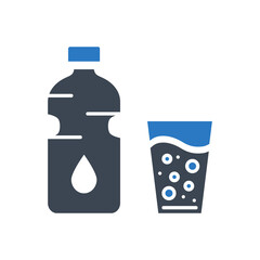 Water related vector glyph icon. Bottle of water and a full glass. Drinking water sign. Isolated on white background. Editable vector illustration