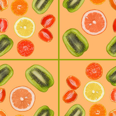 Seamless pattern with slices of orange, lemon, kiwi, grapefruit on an orange background