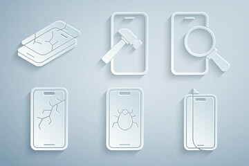 Set System bug on mobile, Phone repair service, Mobile with broken screen, Glass protector, and icon. Vector