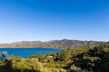 Fototapeta na wymiar View over the coast and the sea near Maricana Marina on the island of Elba in Italy