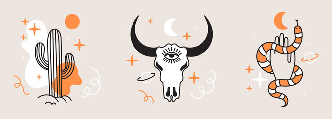 A set of icons, wild west elements, boho doodle style western with abstraction. America. A skull, a cactus and a hand with a snake.