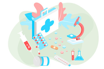 Fototapeta premium Medical drugs, pill, medical pills, bottle pills, capsule and medicine. Flat vector illustration design concept of healthcare and medicine. Medical support, medication shopping, pharmacy, drug store. 
