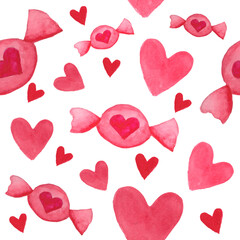 Fototapeta na wymiar Watercolor seamless pattern for valentine's day. Love, feelings. Hearts and candies in pink and red. Decor for wedding, gifts. For design and printing on postcards, paper, packaging, fabric