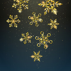 Fototapeta premium Glittering gold snowflakes, winter, background material
