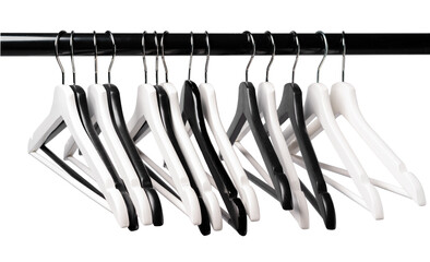 Metal rack with clothes hangers on white background