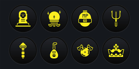 Set Magic wand, Neptune Trident, Lute, Medieval shield with axe, Video game bar, ball, King crown and Grave tombstone icon. Vector
