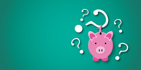 Question mark with pink piggy bank on green background. Concept for Financial or investment and economic problems, space for the text. illustration of 3d paper cut design style.
