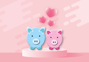 Pigs with pink hearts on pink product background stand or podium pedestal on abstract pastel backdrops, Love concept, illustration of 3d paper cut design style.