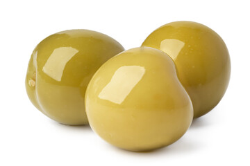 Pile of green olives on white background