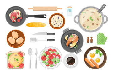 Collection fresh homemade delicious tasty food in serving plates and cutlery top view vector flat illustration. Appetizing breakfast, lunch, dinner. Beef steak, eggs, porridge, vegetanle salad, coffee