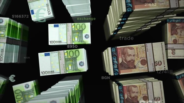 Euro and Bulgaria Lev money exchange. Paper banknotes pack bundle. Concept of trade, economy, competition, crisis, banking and finance. Notes loopable seamless 3d animation.