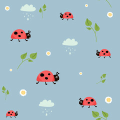 Ladybugs leaves flowers seamless pattern on blue . Cute bugs. Wrapping paper, wallpaper, textile for children. floral background.