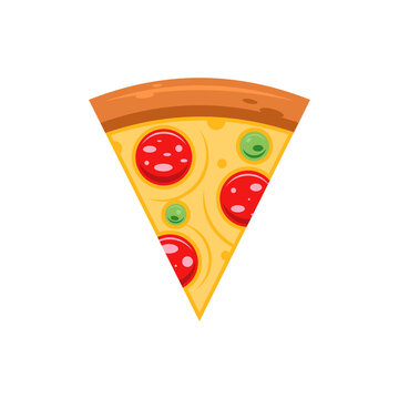 Fresh appetizing pizza triangle slice top view vector flat illustration. Tasty delicious fast food snack with vegetables, cheese and sausage on dough. Homemade eat or cafe restaurant menu delivery