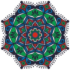 Round gradient mandala on white isolated background. Vector boho mandala in green red and blue colors. Mandala with floral patterns. Yoga template