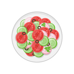 Appetizing organic fresh vegetable salad serving on plate top view vector flat illustration. Healthy food vegetarian nutrition tomato, cucumber and onion slice restaurant cafe menu homemade recipe
