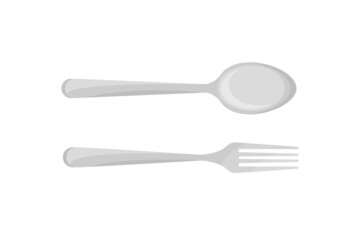 Spoon and fork top view vector flat illustration. Silver cutlery serving eating food at home cafe restaurant isolated. Modern utensil for breakfast, lunch, dinner or supper. Dining kitchen equipment