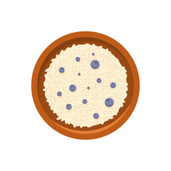 Traditional oatmeal porridge or rice decorated by bilberries berry top view vector flat illustration. Healthy morning food breakfast with berries at serving bowl. Cooking delicious brunch nutriment