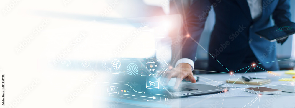 Leinwandbilder Businessman connect to global network and create a new approach to investment project and develop software to improve business service. Communication networking and worldwide connection technology.