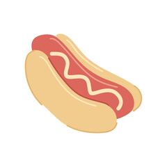 Appetizing fresh hot dog with mayonnaise sauce vector flat cartoon illustration. Tasty traditional American unhealthy fast food with grilled sausage bun and mustard. Delivery restaurant take away menu