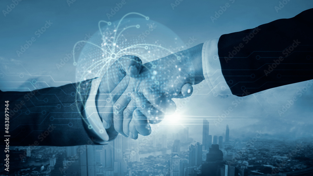 Aufkleber businessman shaking hands with deal of partnership and customer digital global technology networking
