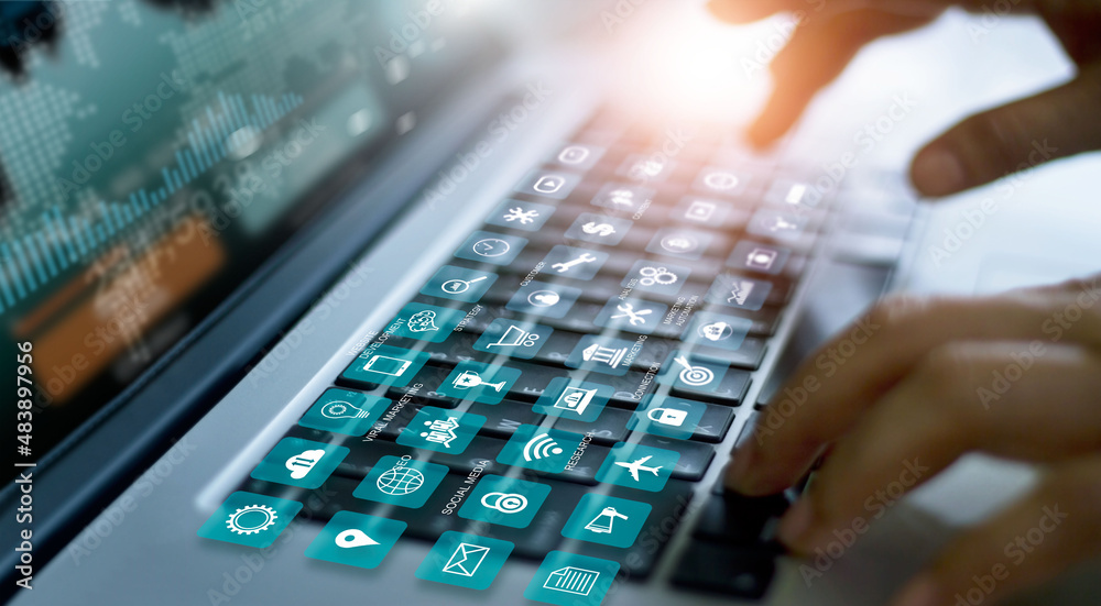 Fototapete Digital marketing, Algorithm and data networking, Man using laptop with icon marketing on keyboard analyzing and development at various information. Marketing and deep learning on social network.