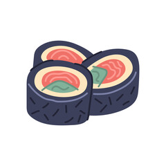 Sushi portion vector flat doodle illustration. Traditional Japan roll food with rice, salmon and avocado cucumber isolated. Asian culture delicious snack restaurant cafe menu decorative design