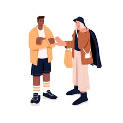 Modern young couple during shopping. Woman and man with purchases, bags with fashion garments. Happy people buyers in store. Flat vector illustration of shoppers isolated on white background